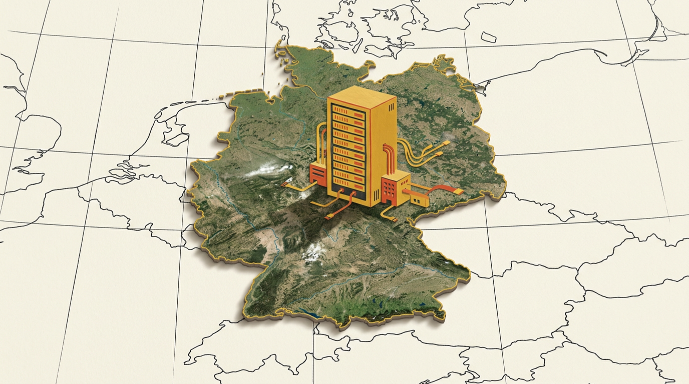 Symbolische Illustration eines Serverracks auf einer Deutschlandkarte; keine Darstellung eines konkreten AWS-Standorts.