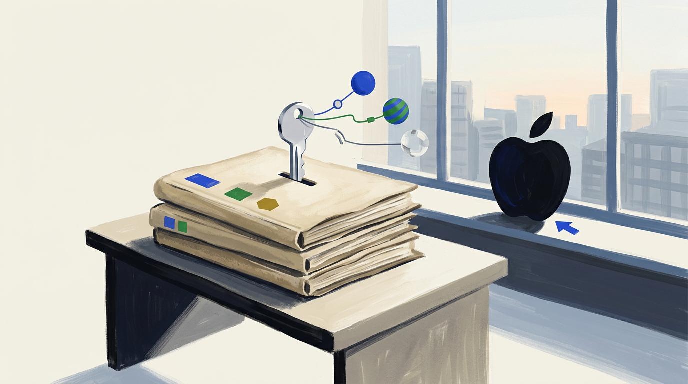 Illustration: Ein Stapel Dokumente auf einem Tisch, darüber schweben ein Zahnrad mit Schraubenschlüssel und bunte Netzwerkknoten, daneben ein schwarzes Apple-Logo vor einem Fenster mit Stadtansicht.
