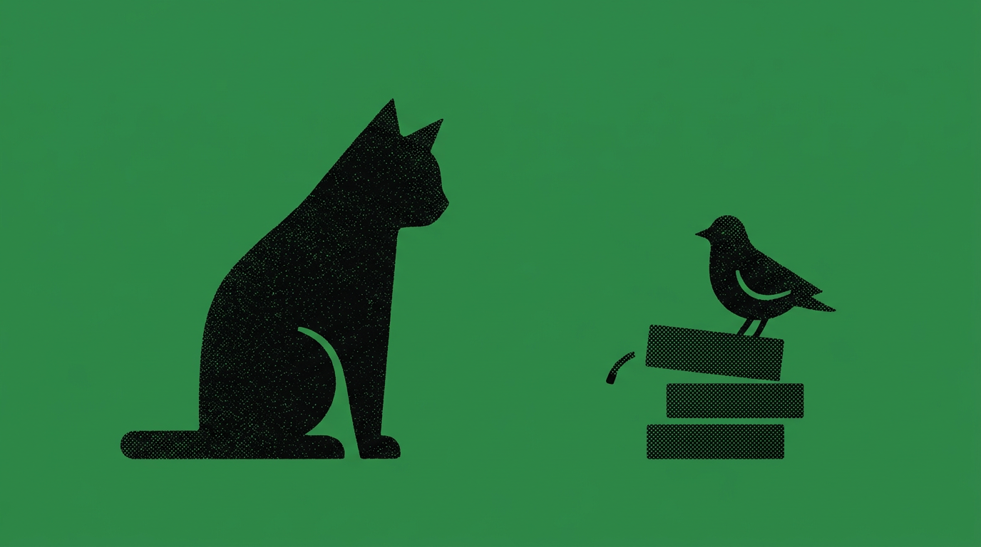 Illustration: Eine Katze beobachtet einen Vogel auf einem wackligen Stapel, Sinnbild für das unsichere Vertrauen zwischen KI-Agenten