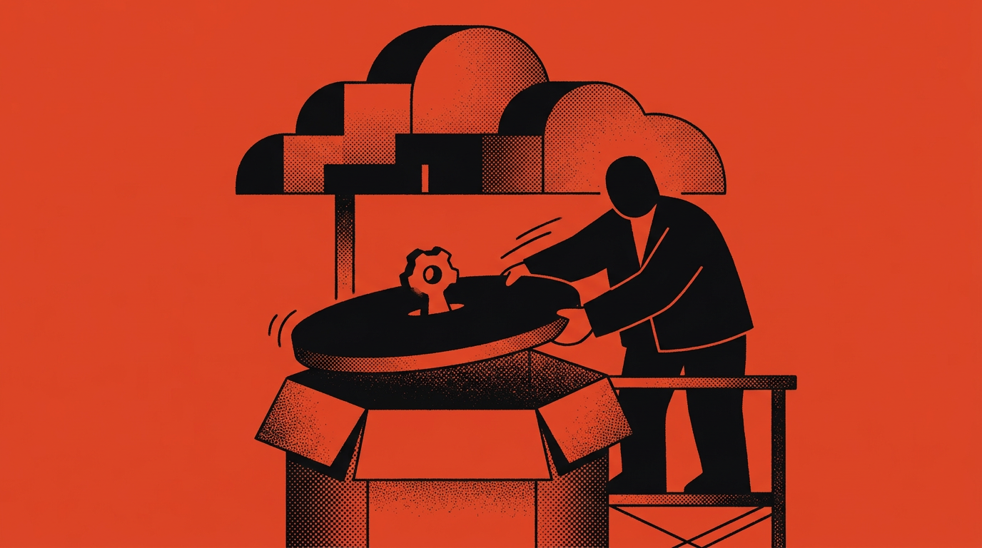 Illustration: Eine Person setzt einen Deckel mit Zahnrad auf einen Karton, darüber schwebt eine Wolke, Sinnbild für KI-Modelle und Netzwerkzugriffe in der Cloud
